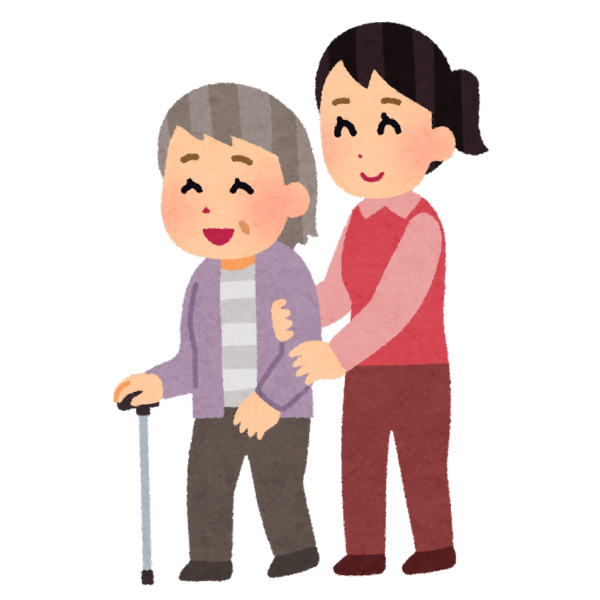 おばあちゃんが介護サービスを始めた画像。手をひかれ、杖をついて歩いている、元気な姿をイメージさせるような画像。