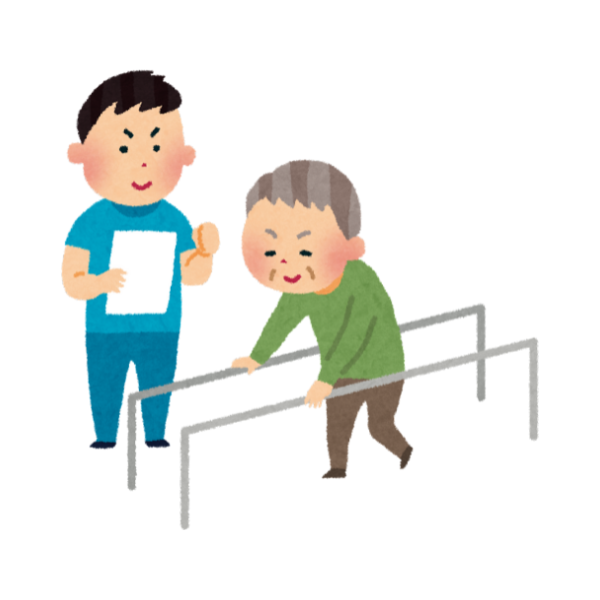 介護施設で職員さんと一緒にリハビリに励むおじいちゃんのイメージ画像。
