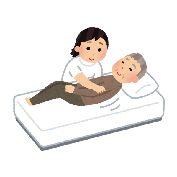 老人介護施設では、職員の方が夜も見回りしている。床ずれ防止に入居者の姿勢を変えてあげる職員のイメージ画像