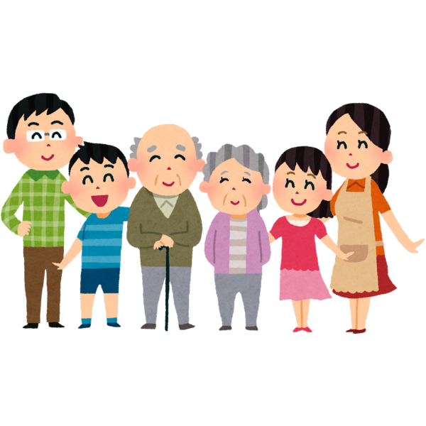 お年寄りを囲んで幸せそうな家族のイメージの画像