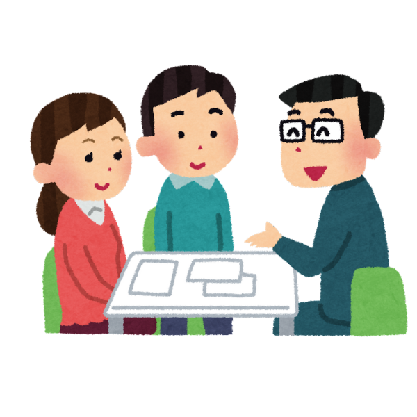 親に介護を受けさせるため、地域の担当者からいろんな説明を夫婦で受けていることをイメージさせるような画像。