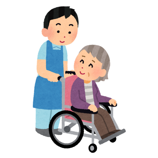特別養護老人ホームでスタッフに車椅子を押してもらうおばあちゃんのイメージ画像