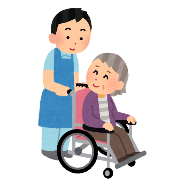 自分で歩けない要介護のお年寄りの車椅子を押す男性のイメージ画像