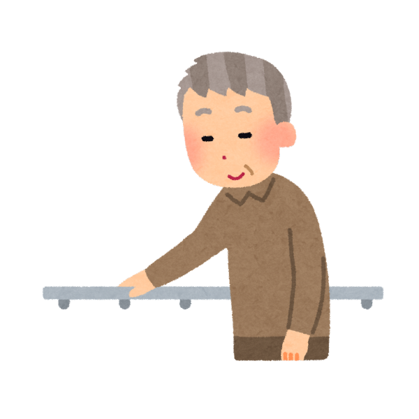 おじいちゃんが福祉用具の一つである手すりに捕まって歩行するイメージの画像