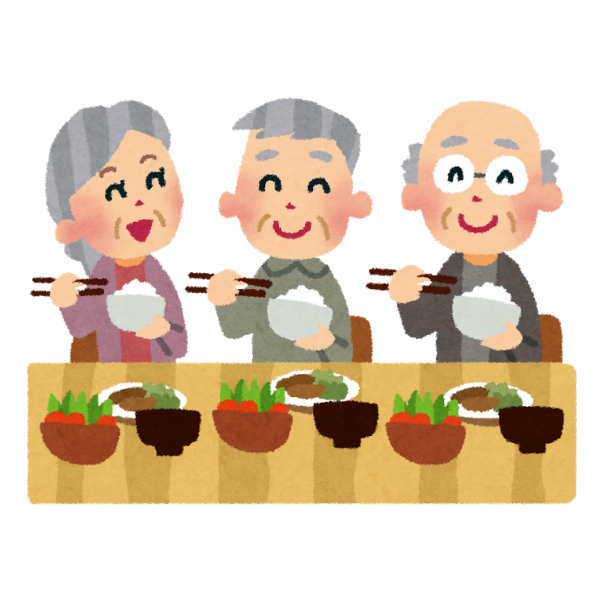 高齢者が食卓を囲んで美味しそうに食事をするイメージの画像
