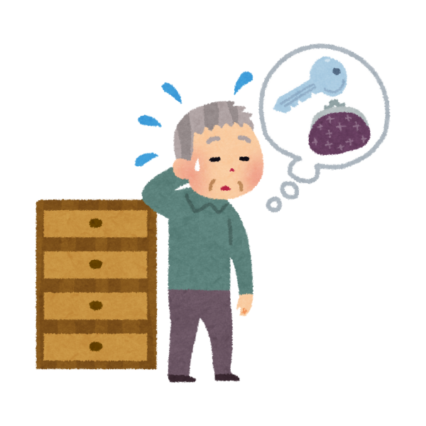 財布や鍵をどこに仕舞ったか分からなくなって困る高齢者のイメージ画像