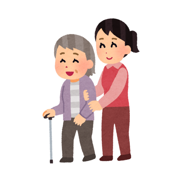介護士がお年寄りの手を取って歩行を手助けしているイメージの画像