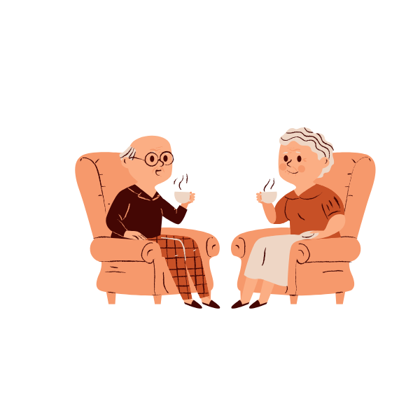 老夫婦が仲良くお茶を飲んでいる画像