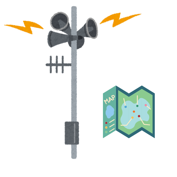 災害時の放送と防災マップのイメージ画像
